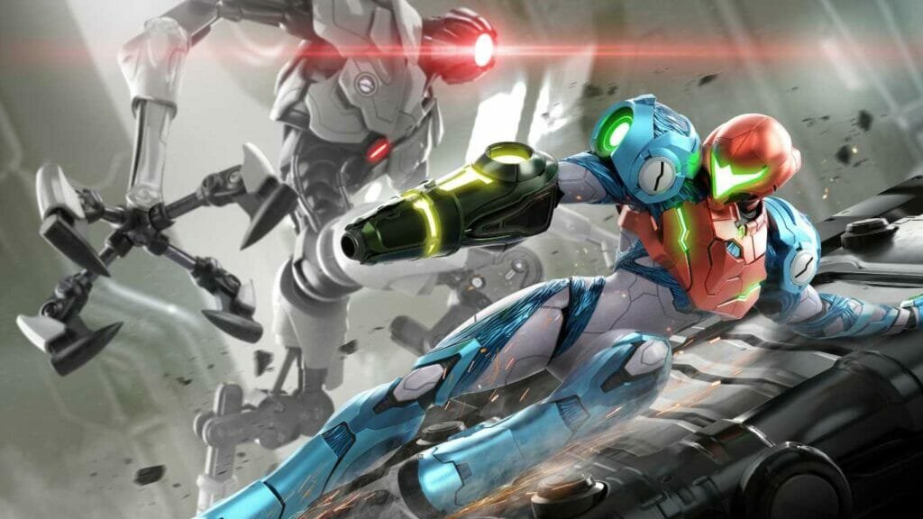 Metroid Dread 2 gameplay  Samus Aran in her blue and yellow suit shoots a beam at a red and black robot with claws and spikes in a dark metal corridor.