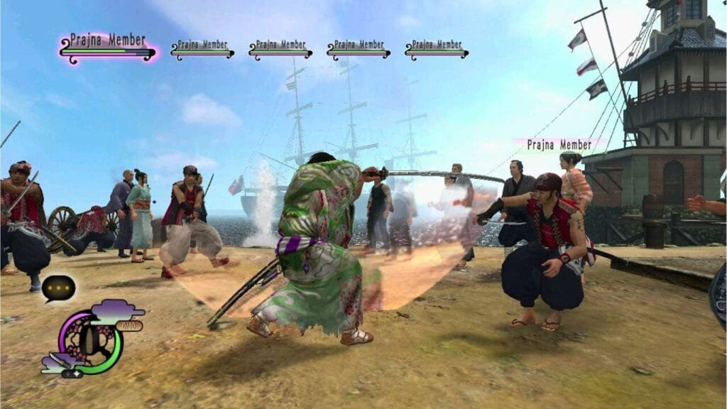  A screenshot from the video game Way of the Samurai 5 showing a battle scene with samurai and pirates.