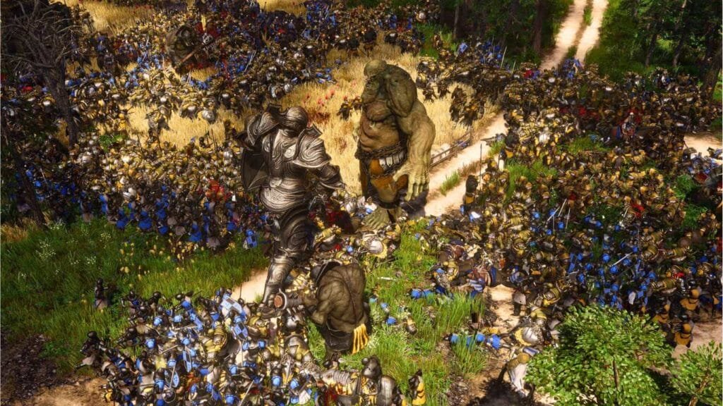 A large group of orcs standing in a field of flowers. They are wearing armor and weapons, and they are surrounded by other orcs. The image is from the SpellForce 4 game.