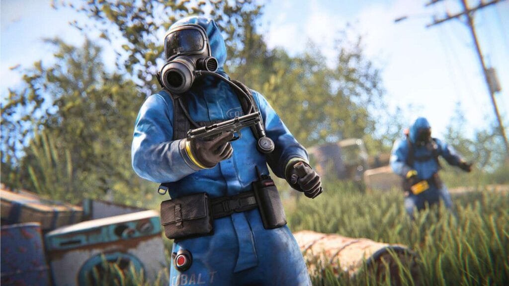 rust game character in a blue hazmat suit and gas mask holding a gun