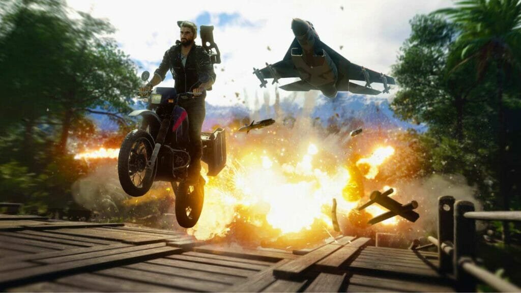 Just Cause 5 game scene with a motorcycle, a jet, and a bridge explosion.