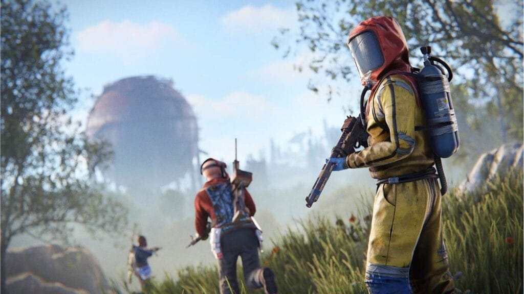 rust 2 game character in a blue hazmat suit and gas mask holding a gun in a grassy field with power lines and other characters in the background.