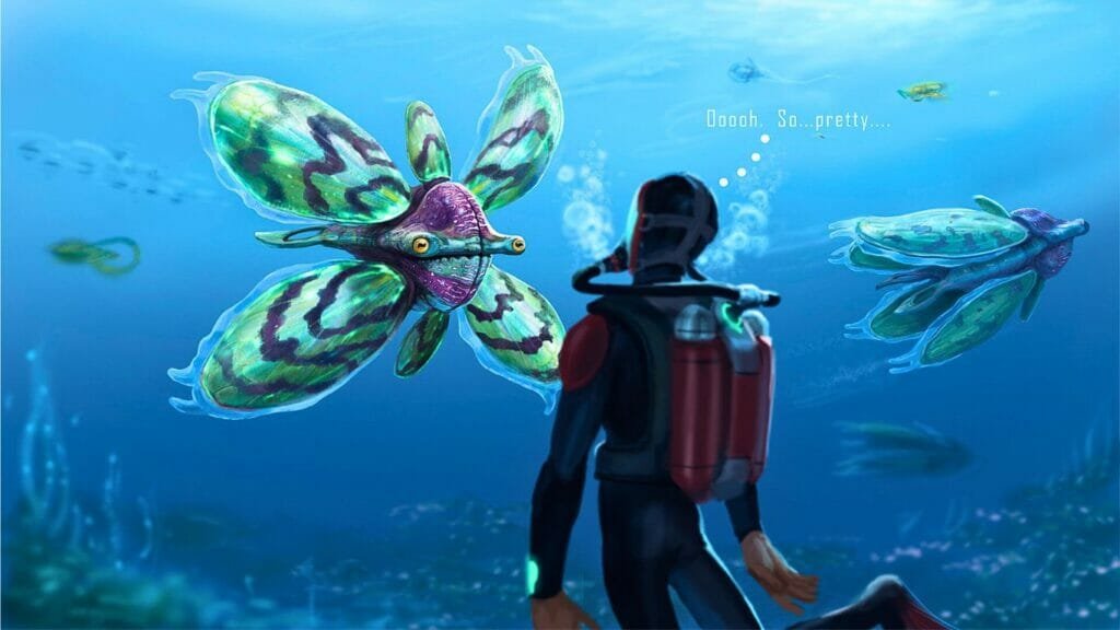 A screenshot of Subnautica 3 showing a diver exploring a colorful coral reef with various fish and plants