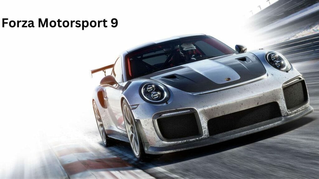 The porsche 911 gt3 is driving on a race track in Forza motorsport 9
