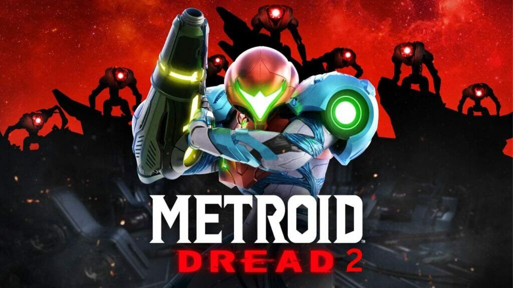 Metroid Dread 2 Samus Aran in her blue and yellow suit shoots a beam at a red and black robot with claws and spikes in a dark metal corridor.