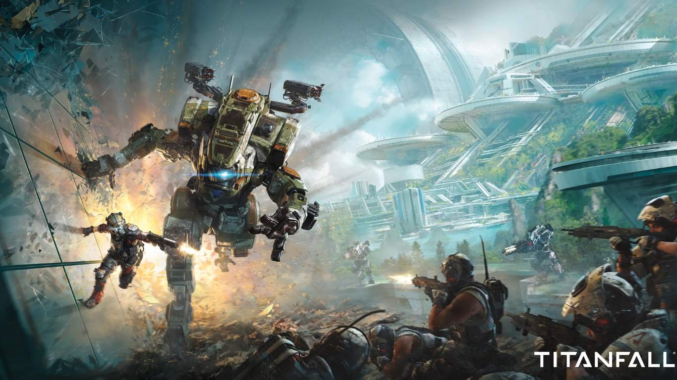 A group of soldiers from the Titanfall 3 game fight a giant robot on a battlefield