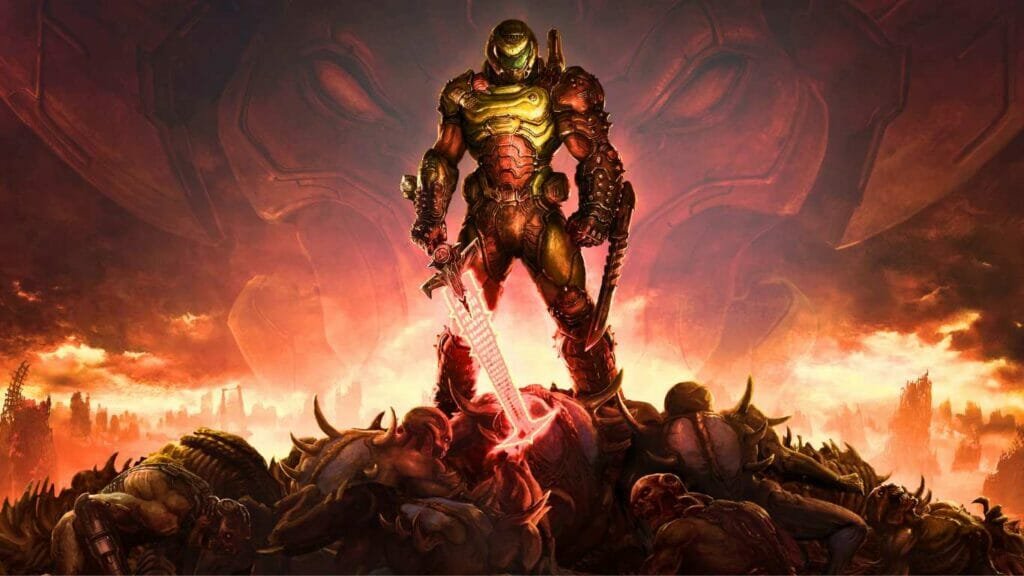 Doom 6 Slayer on a mountain of skulls