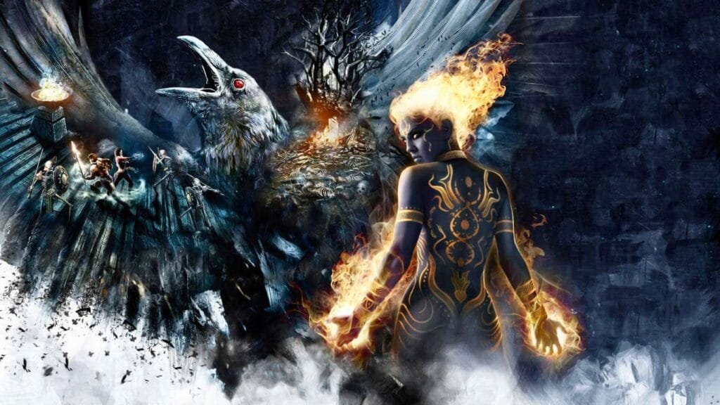 A digital art piece depicting a woman with fire powers and a crow-like creature in a dark and eerie setting in Dungeon Siege 4