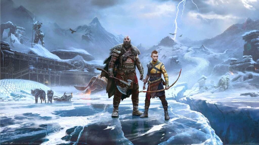 Two warriors standing on a frozen lake in a snowy mountain landscape with a lightning storm in the background